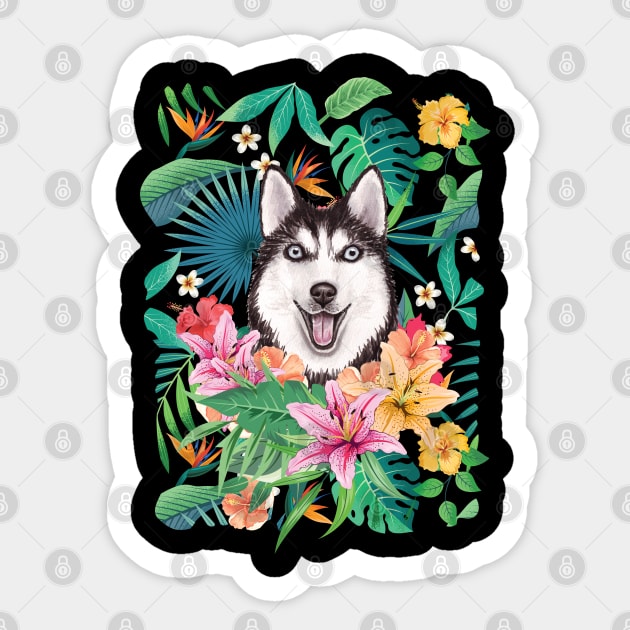 Tropical Black White Siberian Husky 12 Sticker by LulululuPainting
